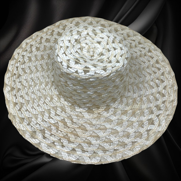 Vintage Wide Brim Sun Hat White Woven Ribbon Mesh Tall Crown Coastal Resort Glam main image 6